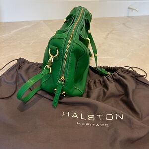 Halston (Designer) genuine leather hand/crossbody bag - bright green/gold hardwr